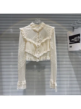 ХАЙ-СТРИТ, Новейшая мода 2023, Дизайнерская блузка, Женская блузка с вышитыми жемчужными пуговицами, кружевная блузка на крючках, рубашка