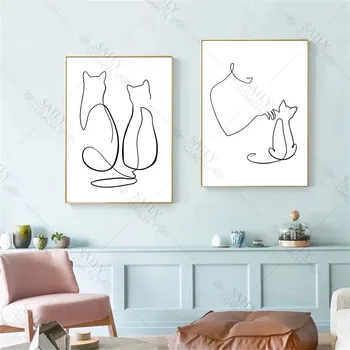 1шт Абстрактный настенный художественный плакат с котом, рисунок линии домашнего животного, Художественная печать на холсте, настенные художественные картины для детской детской комнаты