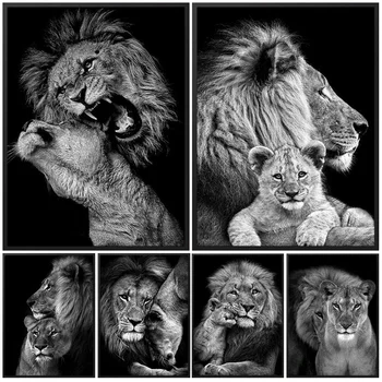 Семья львов, черно-белая картина на холсте, Львица, животные, Король Саванны, плакат, настенная художественная картина, гостиная, домашний декор