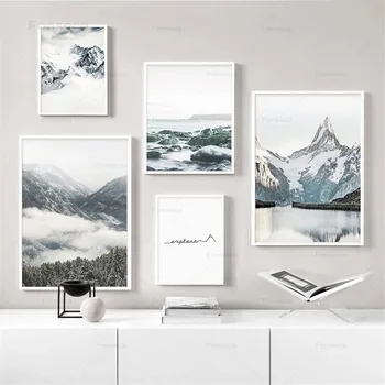 Альпы, туман, Снег, Горное озеро, морской пейзаж, плакаты на скандинавскую тему и принты, настенное искусство, картина для гостиной, украшение дома, холст, живопись
