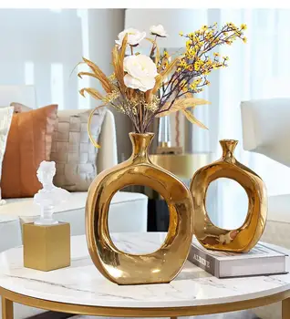 Керамическая Золотая Полая Ваза Украшение дома в гостиной Ремесла Контейнер для цветочных композиций Креативное украшение обеденного стола