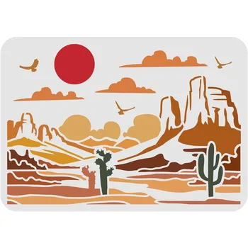 Трафареты с видом на пустыню 11,7x8,3 дюймов Пластиковые Трафареты для рисования в пустыне Гоби Кактус Солнце Птицы Настенные трафареты с рисунком Многоразового использования