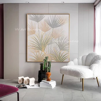 Цветочное растение ручной работы тропическая трава большой размер пейзажное произведение искусства золотая фольга абстрактные канавы картина маслом для декора гостиной