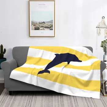 Прыгающий дельфин на одеяле в горчично-желтую полоску, Мягкое флисовое фланелевое покрывало в морском темно-синем цвете, пледы для домашнего дивана, покрывало для кровати