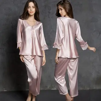 Одежда Ice Silk Kawaii, Женская пижама, сексуальные пижамные комплекты большого размера, Кружевной комплект для отдыха, Корейская мода, Свободные Весенне-осенние пижамы