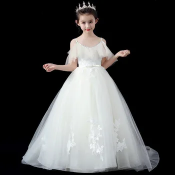 Новое детское платье 2023 года, белая длинная сетчатая газовая юбка для девочек, сценические костюмы высокого класса, вечернее платье для девочек в цветочек