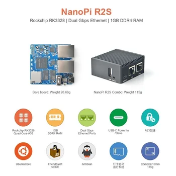 Комплект NanoPi R2S и комбинированная оперативная память 1G DDR4, Rockchip RK3328, Quad Cortex-A53, Двойная локальная сеть Ethernet 1000 М, USB3.0, OpenWRT, U-boot, ядро Ubuntu