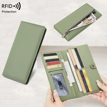 Женский кошелек RFID с противоугонной щеткой из искусственной кожи, однотонная ультратонкая сумка для кредитных карт, длинный кошелек на молнии с пряжкой, оптовая продажа