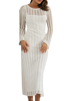 Элегантное женское облегающее платье из прозрачного кружева с длинными рукавами, U-образным вырезом и разрезом - идеально подходит для осенних коктейльных вечеринок