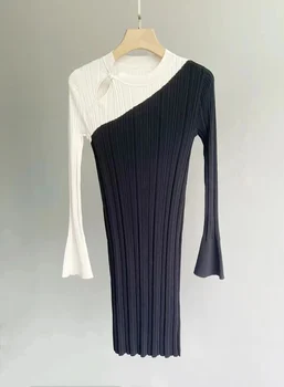 Черно-белое контрастное трикотажное платье в стиле хип-хоп, повседневная мода 2023, летний новый стиль 0401