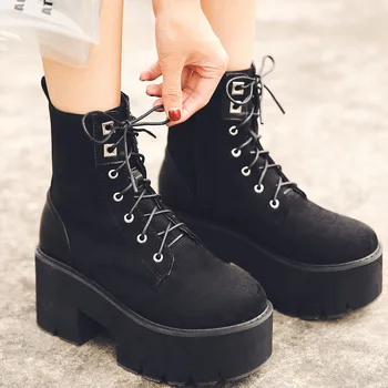 Шикарная модная женская обувь Большого размера 43, черные туфли на платформе, женские каблуки, Дешевые ботинки на платформе, 2023 Зимние женские ботинки
