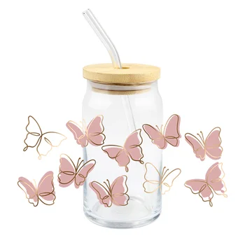 УФ-наклейка с бабочкой для стеклянных банок, Розовая женская мода, Водонепроницаемая наклейка с УФ-Dtf-трансферной печатью, сделанная своими руками, для стеклянной чашки на 16 унций