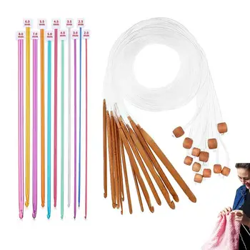 Набор бамбуковых спиц для вязания 23 штуки Набор тунисских крючков для вязания Деревянные спицы с разноцветной пластиковой трубкой Крючок для вязания