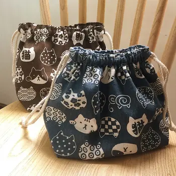 Портативные сумки-кулеры большой емкости Bear в японском стиле Lucky Cat Lunch Box, сумки для ланча на шнурке, сумки для хранения посуды