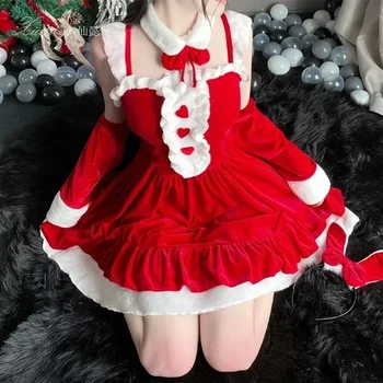 Сексуальные Рождественские костюмы Красное платье горничной Лолиты, женское Мягкое бархатное белье с кроликом, Рождественское Красное платье Санта-Клауса, наряды для косплея, вечеринки