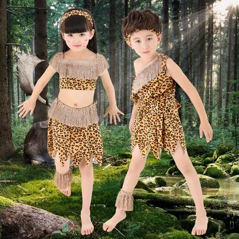 Костюмы для косплея для детей и взрослых на Хэллоуин, Леопардовое индийское платье для мальчиков и девочек, Реквизит для школьных выступлений, Одежда для охотников