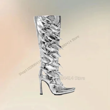 Серебристые Плиссированные Дизайнерские Ботинки С оборками, Блестящие Ботинки С Острым Носком, Женская Обувь С боковой молнией На Тонком Высоком Каблуке, Мода 2023, Zapatos Para Mujere