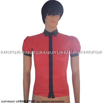Красно-черная сексуальная латексная рубашка с пуговицами спереди, с короткими рукавами, резиновая блузка, верхняя одежда YF-0119