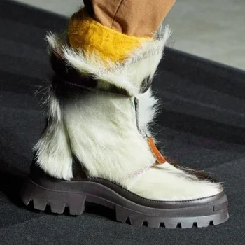 Белые Пушистые Мужские Зимние ботинки На платформе С круглым Носком, Обувь в Британском стиле На Массивном каблуке, Подиумная Зимняя обувь 2023 Zapatos Para Hombres