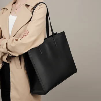 Новая нишевая сумка-тоут Женская кожаная сумка-портфель большой емкости для компьютера из черной воловьей кожи для поездок на работу