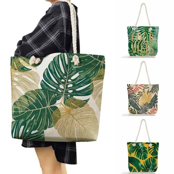 Сумки с принтом в виде черепашьих листьев, льняная женская сумка-тоут, сумка через плечо с зелеными листьями растений, эко-сумка для покупок, дорожная пляжная сумка большой емкости