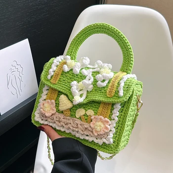Мини-маленькая Квадратная сумка для дам, Модная Вязаная сумка через плечо, женская Шерстяная сумочка ручной работы, вязаная крючком, Дизайнерская тканая сумка-мешок 2023 года.