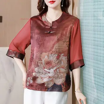 2024 традиционная китайская женская атласная блузка с национальным цветочным принтом, винтажная свободная блузка, китайская элегантная этническая народная блузка ципао