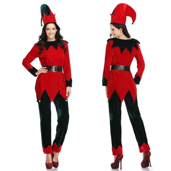 Рождественский Бархатный костюм Ярко-красный Топ Темно-зеленые Брюки с Рождественской шляпой Костюм для выступлений