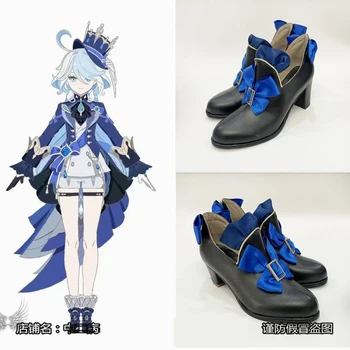 Genshin Impact Focalors Женские туфли на высоком каблуке Элегантные синие кружевные туфли с бантом и круглым носком Модные женские туфли-лодочки на толстом каблуке для обуви Cos