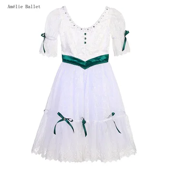 B23060 Лиф из белого Лайкры и кружева со Средними рукавами и Зеленой лентой на талии, Балетная Романтическая юбка-пачка для девочек и женщин