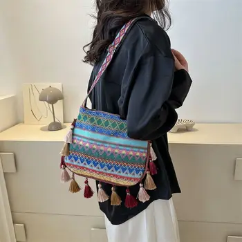 Женская сумка в этническом стиле с кисточками, большие вместительные красочные сумки через плечо, модная геометрическая тканая сумка через плечо, трендовая сумка-мессенджер