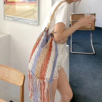 Многоцветная тканая складная плетеная сумочка через плечо, женская летняя сетчатая сумка с кисточками, выдалбливают кошельки для вязания, Пляжные сумки для женщин