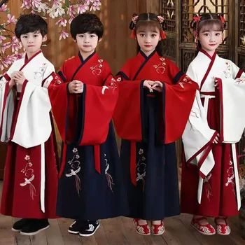Китайское традиционное платье Hanfu Kids, комплект одежды для древнего фестиваля для мальчика и девочки, платье для выступления народных танцев с длинным рукавом