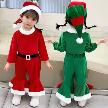Детский рождественский костюм Санта-Клауса, рождественская одежда для малышей, Новогодняя вечеринка, красный топ с длинными рукавами, расклешенные брюки, комплект для детей