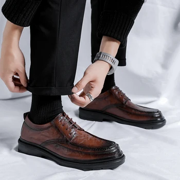 Мужские оксфорды, Роскошная дизайнерская обувь с низким берцем, удобная повседневная кожаная рабочая обувь на плоской подошве, мужская кожаная обувь в британском стиле на шнуровке