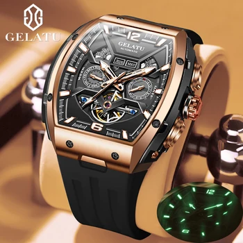 Роскошные мужские автоматические часы GELATU, водонепроницаемые механические наручные часы с силиконовым скелетоном Sport Tonneau, сапфировое стекло