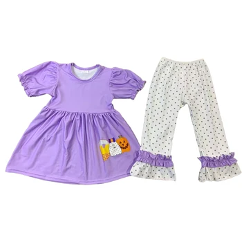 Платье для девочек в новом стиле на Хэллоуин, 2 комплекта, брюки с коротким рукавом, фиолетовая ткань в тон с милым принтом из молочного шелка