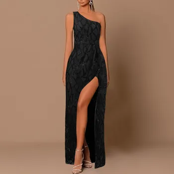 Макси Длинные платья на одно плечо, женские платья с открытой спиной и высоким разрезом, сексуальное вечернее платье, Темпераментное облегающее платье без рукавов