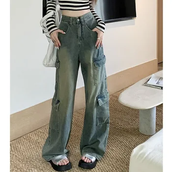 Осенние женские джинсы для работы в американском стиле в стиле ретро, милые и прохладные, свободного кроя, с высокой талией, для похудения, прямые, широкие штанины