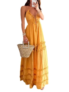 Женское сексуальное платье с рюшами на бретельках с глубоким вырезом и открытой спиной, Длинное макси-платье с высоким разрезом, плиссированные Многоуровневые Летние сарафаны в цветочек