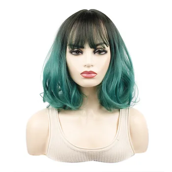 Парик с короткими волосами женский цвет короткий парик черный градиентный темно-зеленый полная челка вьющиеся короткие волосы парик капюшон