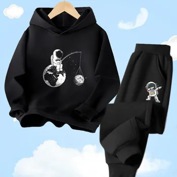 Комплект спортивной толстовки с капюшоном с забавным астронавтом из мультфильма для мальчиков и девочек с длинными рукавами, детская толстовка с капюшоном с модным принтом, спортивная одежда + брюки, комплект