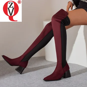 ZVQ/ модные сапоги выше колена с квадратным носком на толстом каблуке, 5 цветов, женская обувь хорошего качества, прямая поставка, эластичные длинные сапоги