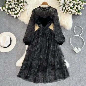 Женское платье из тонкой сетки с вышивкой в стиле Хепберн в стиле ретро с бархатной строчкой, Весенняя мода 2023, Элегантное платье с длинным рукавом Z080