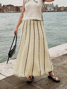 Женская вязаная длинная юбка в гранжевую полоску с эластичным поясом, вязаная юбка винтажного свободного кроя с кисточками, платье-карандаш Y2K, уличная одежда