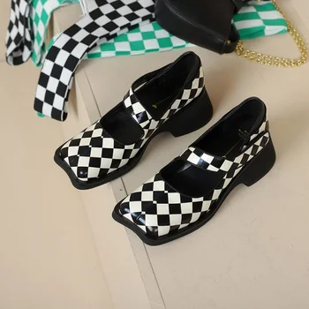 Женская обувь из натуральной кожи с круглым носком, подходящие цвета, туфли-лодочки на среднем каблуке, Лианы, Оксфорды, обувь в шахматную клетку, Роскошная мода, новинка 2023 года
