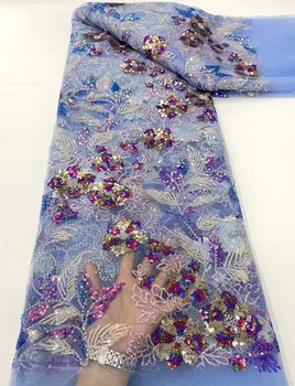 Синяя Африканская Элегантная Кружевная Ткань С Пайетками Asoebi 2023, Высококачественная Вышивка, Нигерийская Сетчатая Кружевная Ткань Из Бисера Для Свадебного Платья