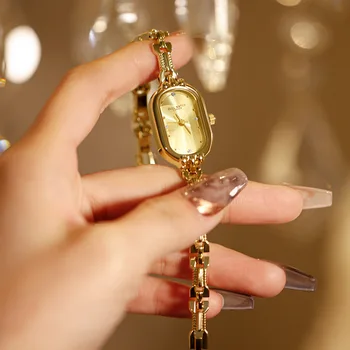 Женские часы-браслет в стиле ретро, маленькие золотые овальные водонепроницаемые женские часы из нержавеющей стали, легкие, роскошные, арт-классические кварцевые часы для женщин