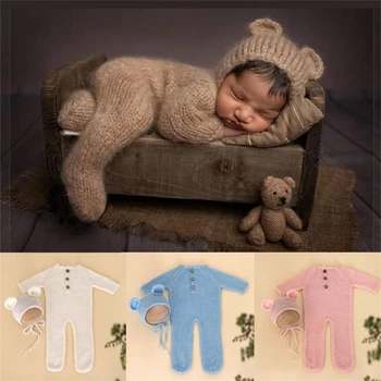 Реквизит для детской фотосъемки, прекрасный костюм Медведя, шапочка-бини, комбинезон, одежда для позирования, детская одежда, подарок для душа для новорожденных, 2ШТ.