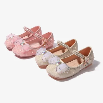 Детская кожаная обувь Элегантные модные детские туфли Мэри Джейн с блестками и жемчугом для милой вечеринки, свадебные балетные туфли принцессы для девочек